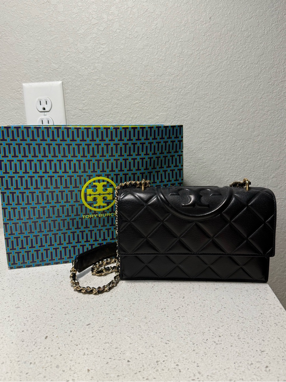 Tory Burch Black Fleming Quilted Leather Shoulder Bag with Dust and Shopping Bag